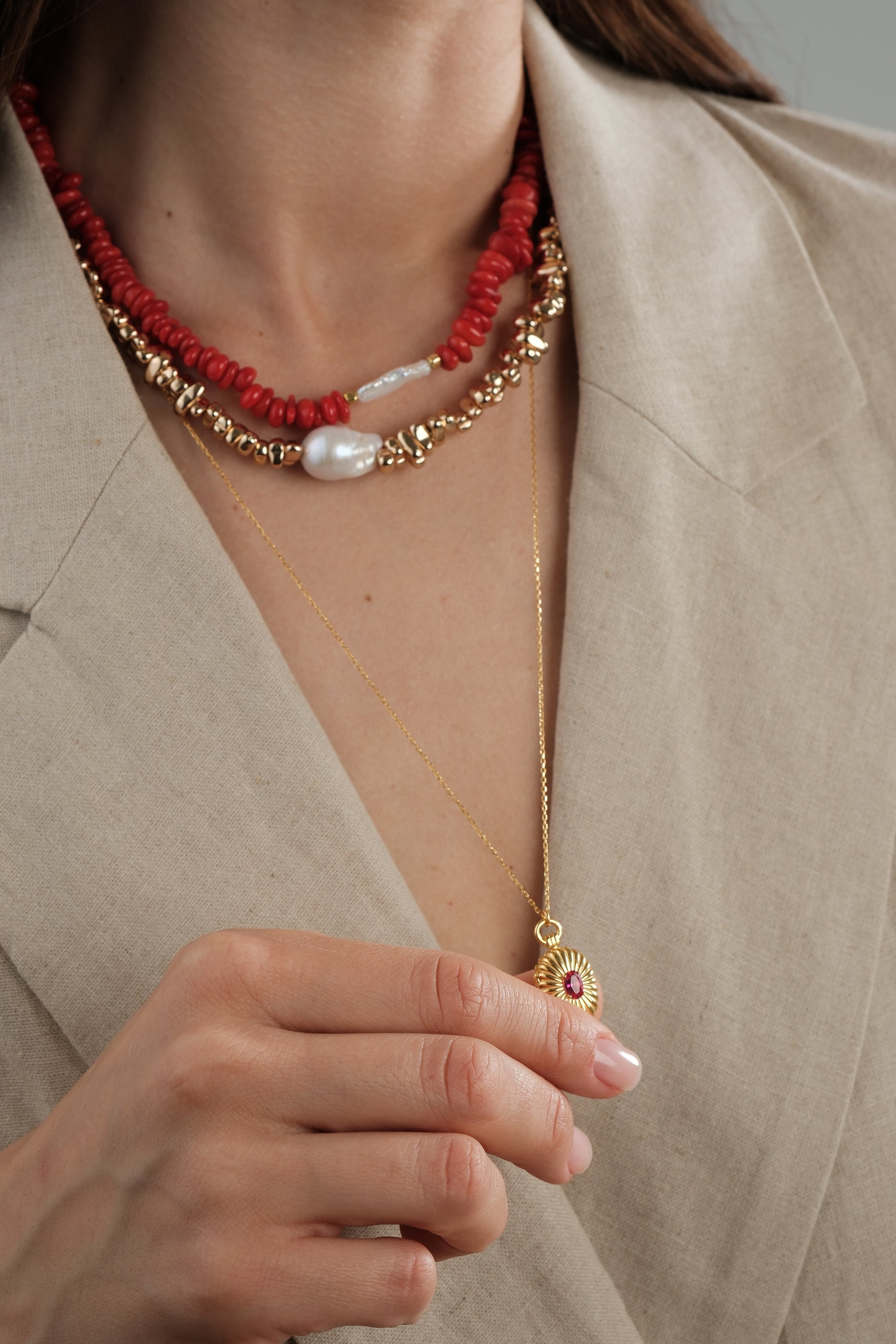 Amorphous Baroque Pearl Red Coral Necklace