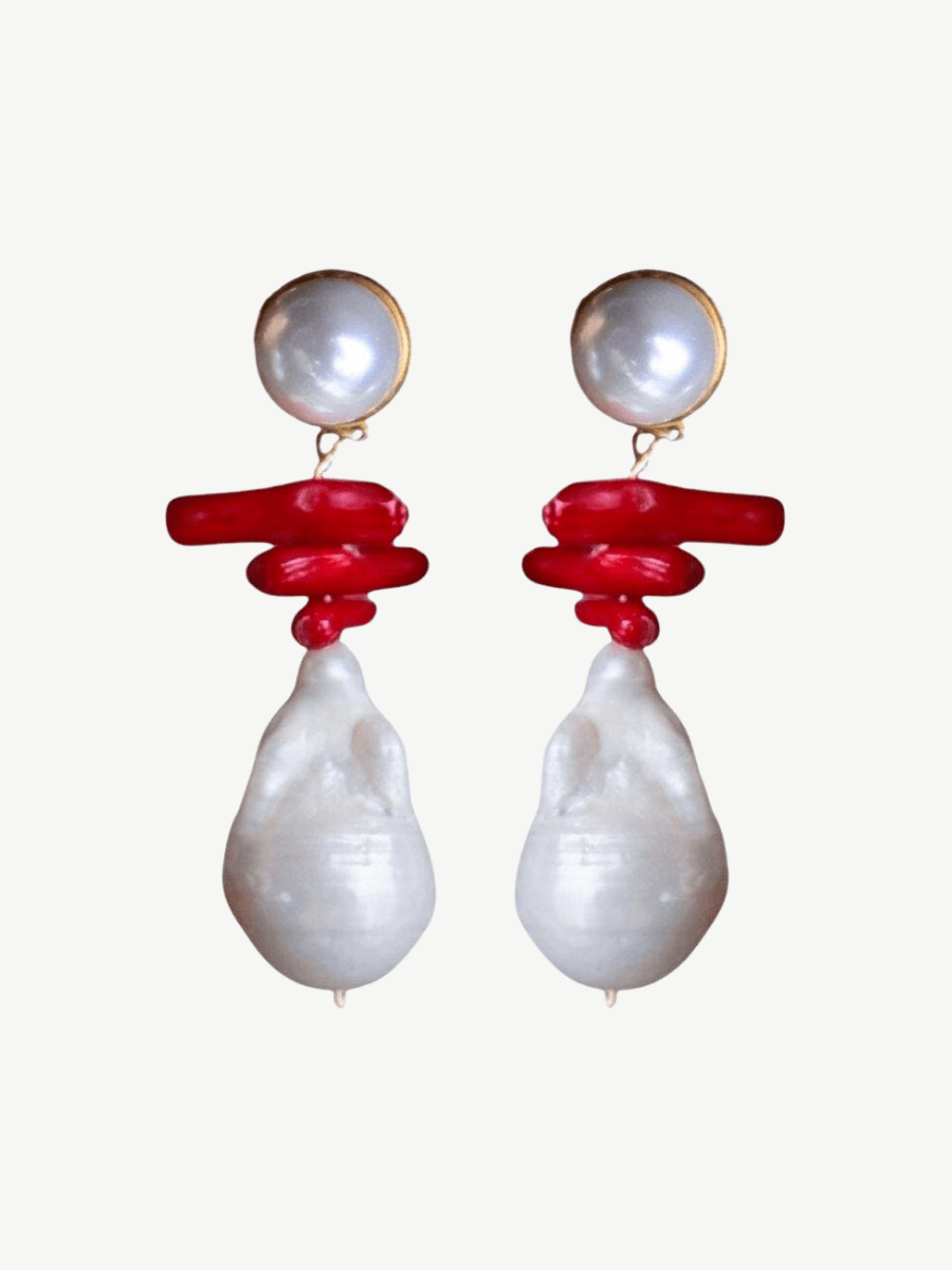 Red Coral Baroque Pearl Earrings