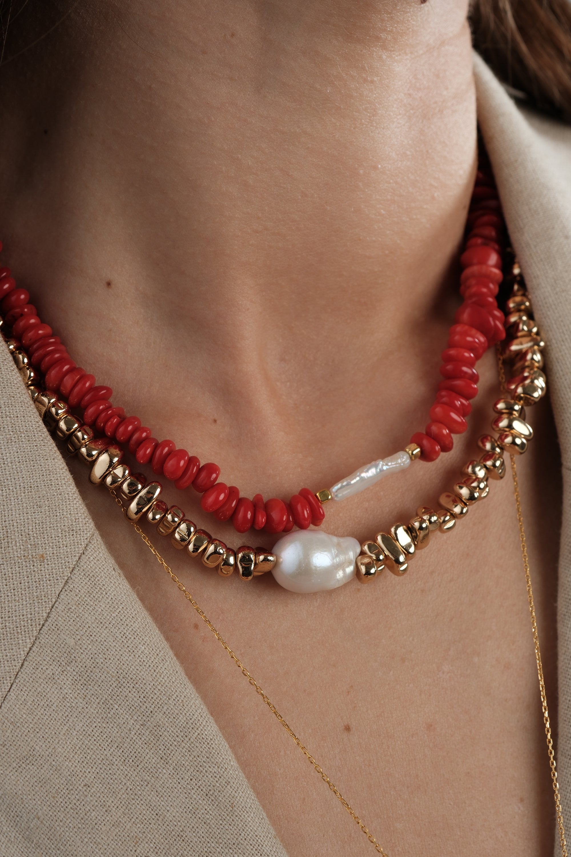 Amorphous Baroque Pearl Red Coral Necklace