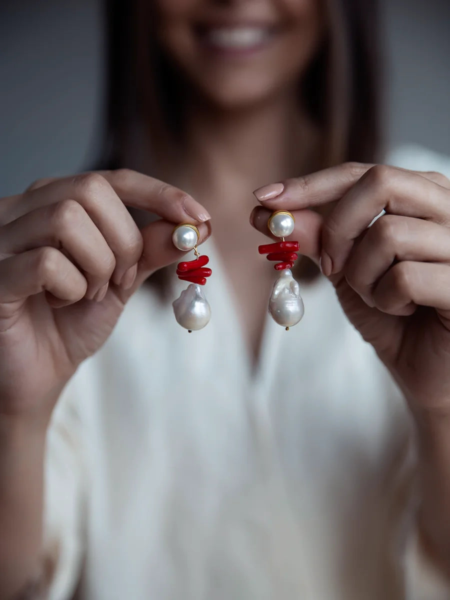 Red Coral Baroque Pearl Earrings
